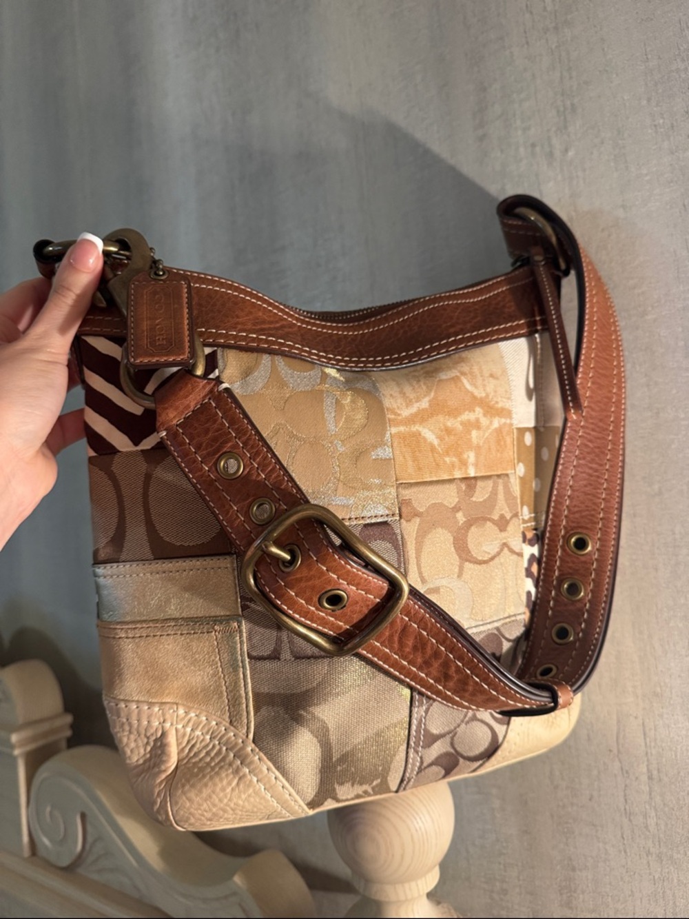 Coach Patchwork Signature Shoulder Bag in Brown and Tan